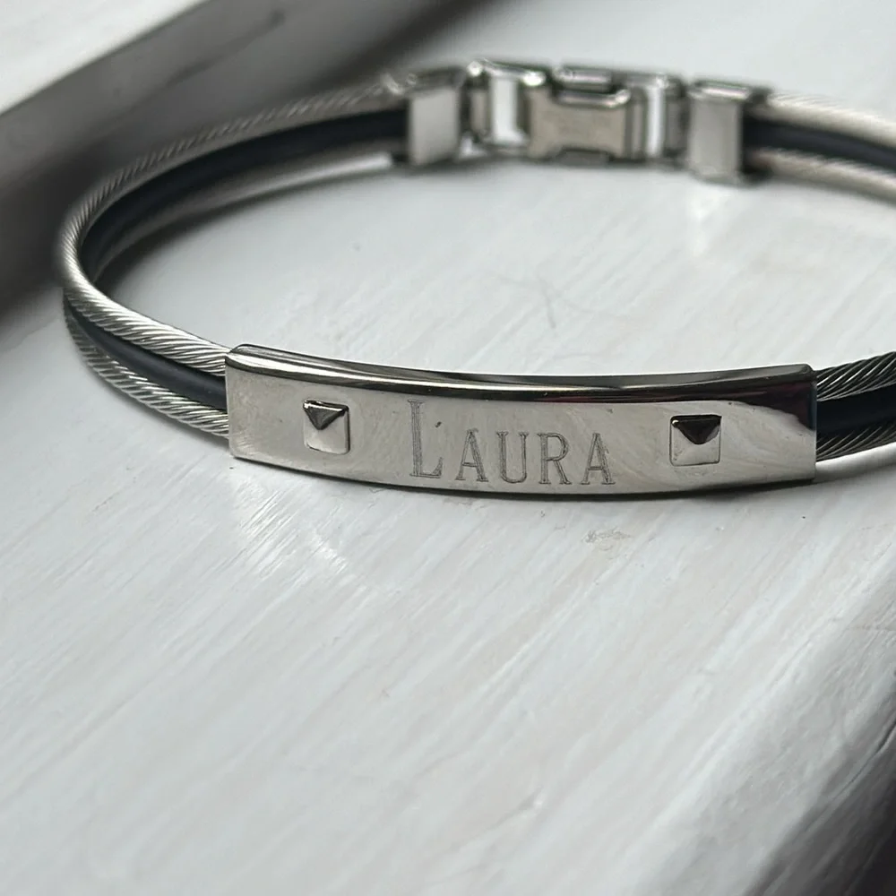 LAURA Black rubber Stainless Steel ID Bracelet Punk Grunge - Picture 2 of 5